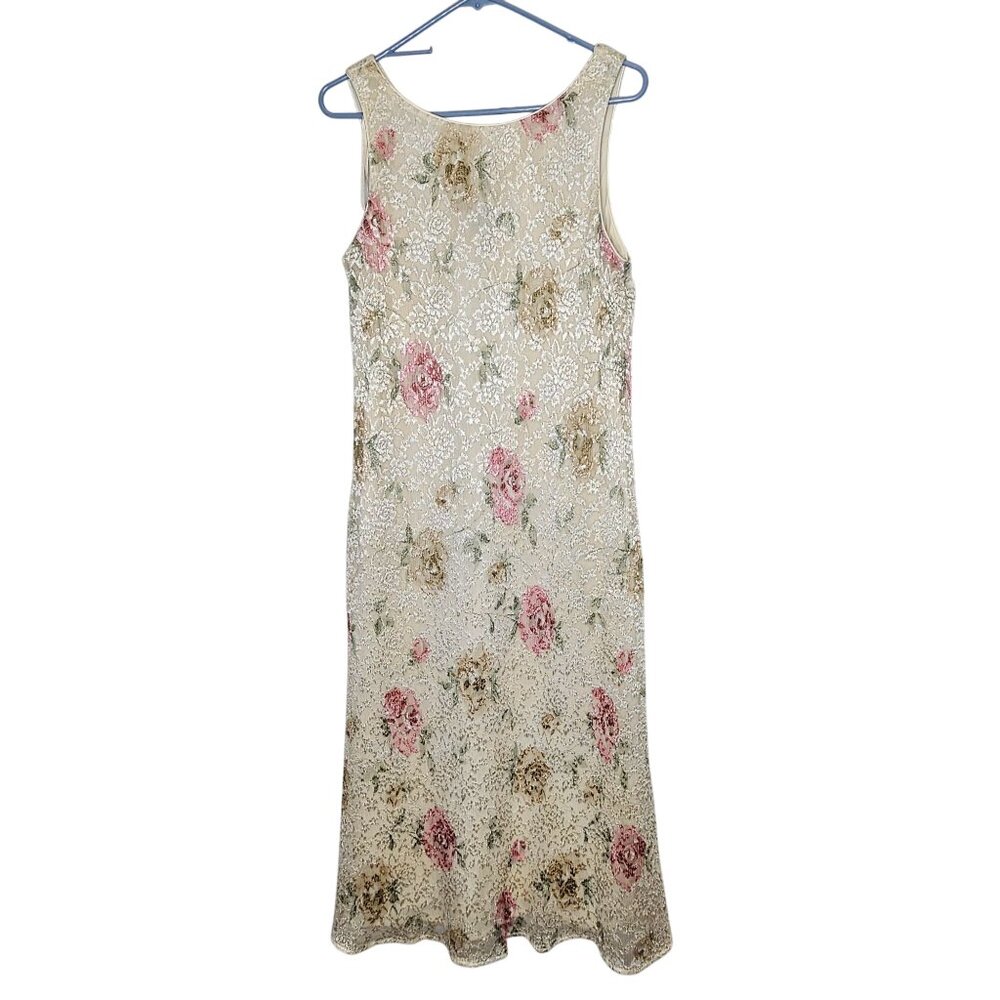 Vintage 90s Teddi Sleeveless Floral Lace Midi Dress 10 Lining Cream Pink & Green